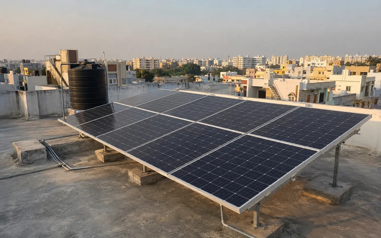 Rooftop solar panels on an independent home in Hyderabad